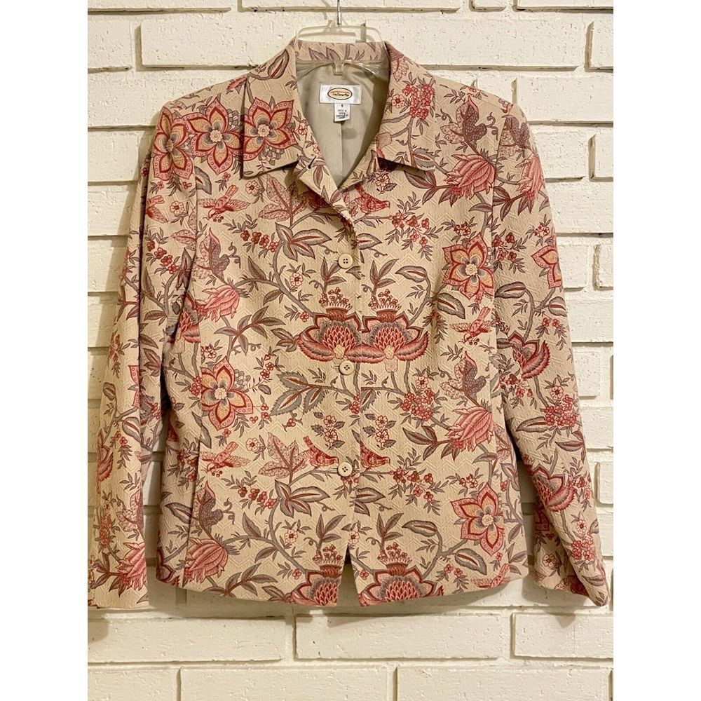 Vintage Talbots Floral & Bird Brocade Jacket Blazer Size 8 Cotton & Silk Blend